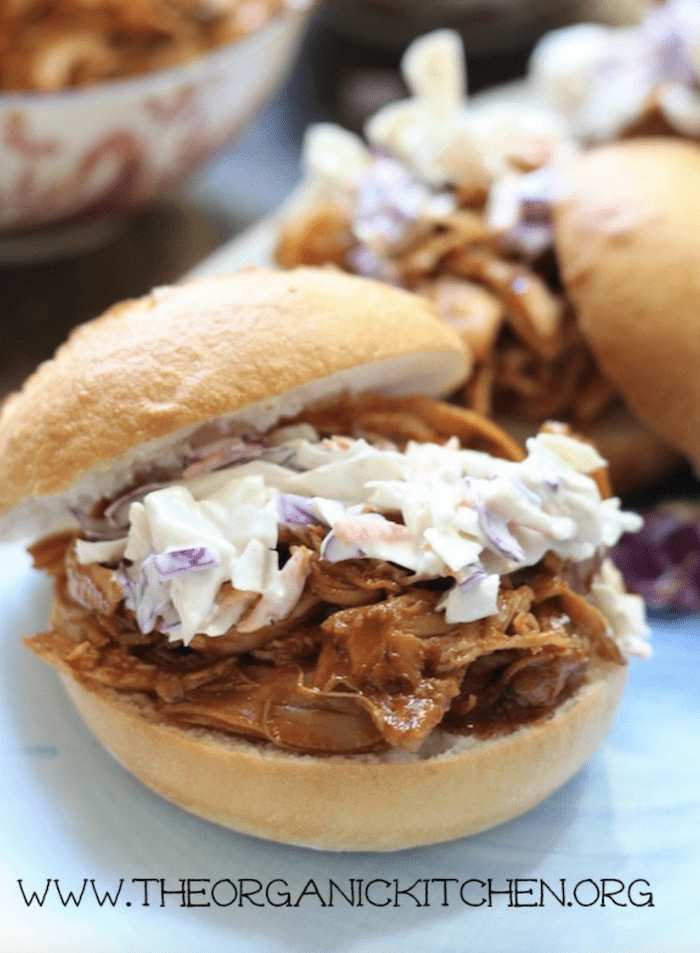 BBQ Pulled Chicken Sandwiches and Coleslaw on blue plate